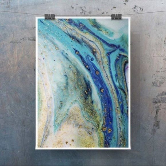 Turquoise gold contemporary abstract art print - Picture 3 of 3
